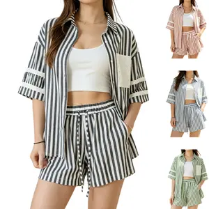 YeeZaa Women's 2 Piece Short Set Striped Short Sleeve Shirt & High Waisted Elastic Shorts Trendy Spring & Summer Lounge Matching Outfit, Casual & Comfortable for Vacation & Daily Wear 2026