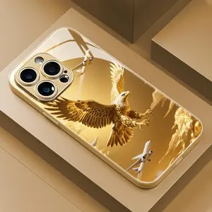 Super Cool Eagle Aircraft Gold Pattern Mobile Phone Case Suitable for iPhone 16ProMax-11ProMax, high definition glass protective case, fashionable design, durable material, shockproof protective case, technology enthusiasts, iPhone users iphone