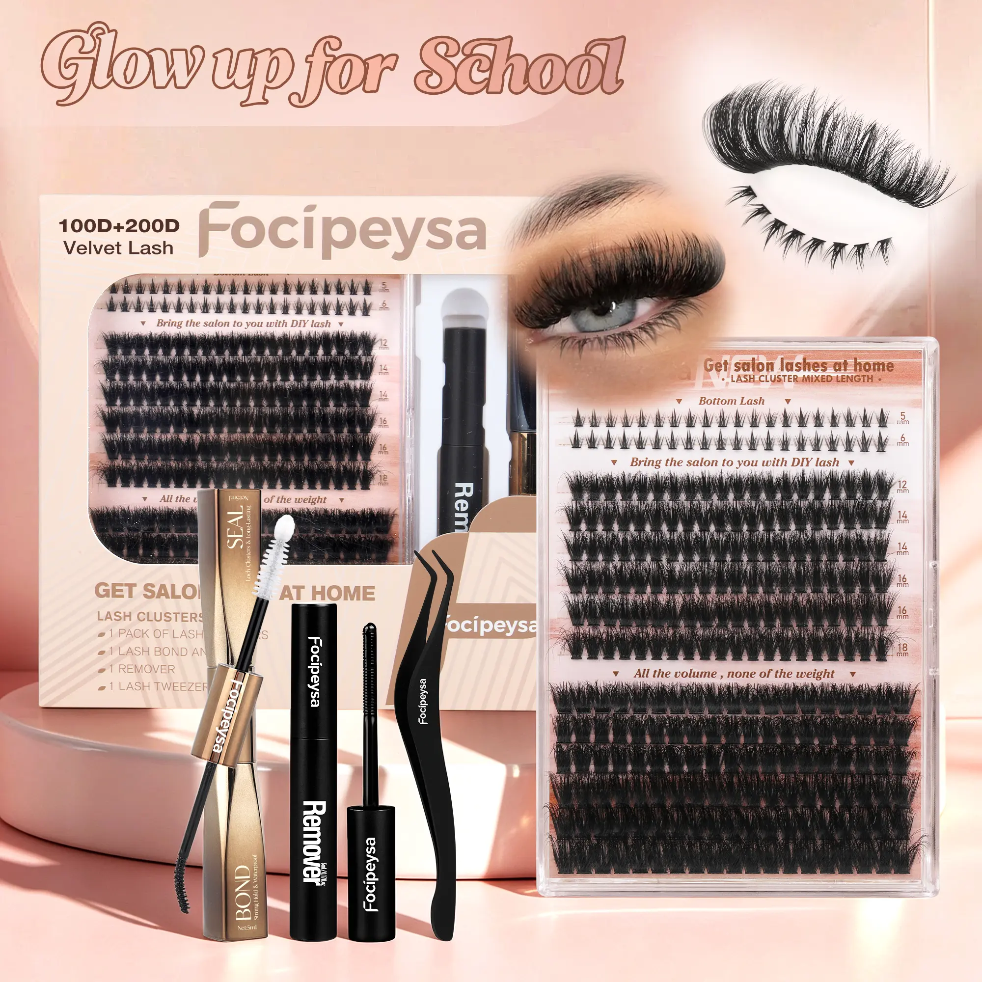 Focipeysa Velvet Lashes | 100D+200D with Bottom Lashes | Professional Salon Lash Extensions Look, Home Application | 12-18mm D Curl | Waterproof, Ultra-Dense & Long Lasting | Effortless DIY D-Curl for a Volume Fluffy Eye Look,back to school