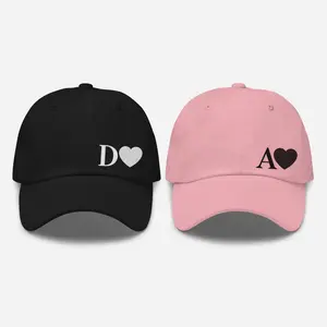 Custom Initial and Heart Embroidery Cap, Matching Beanies for Couples, Unisex Cotton Cap with Cowhide Details, Elastic Fit, Hand Wash Only