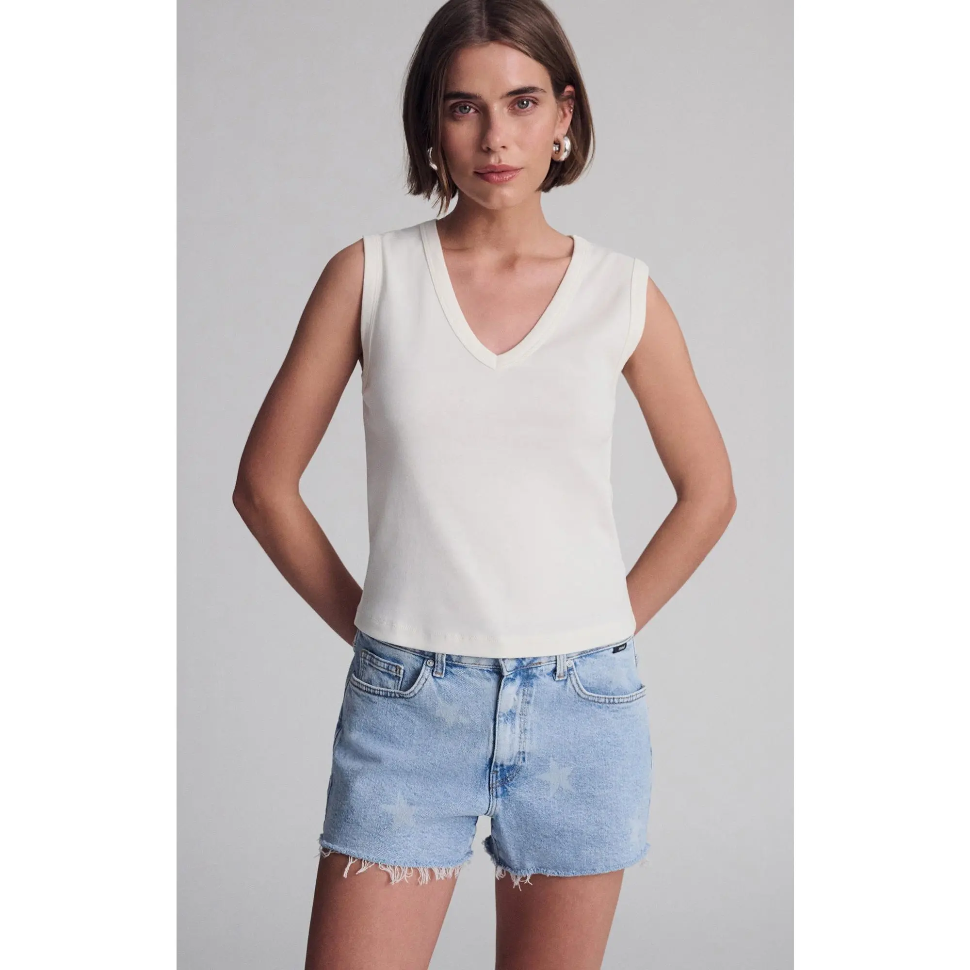 Women's V-Neck Tank Top in Coconut Milk, Soft 100% Cotton Minimalist Sleeveless Basic for Daily Wear