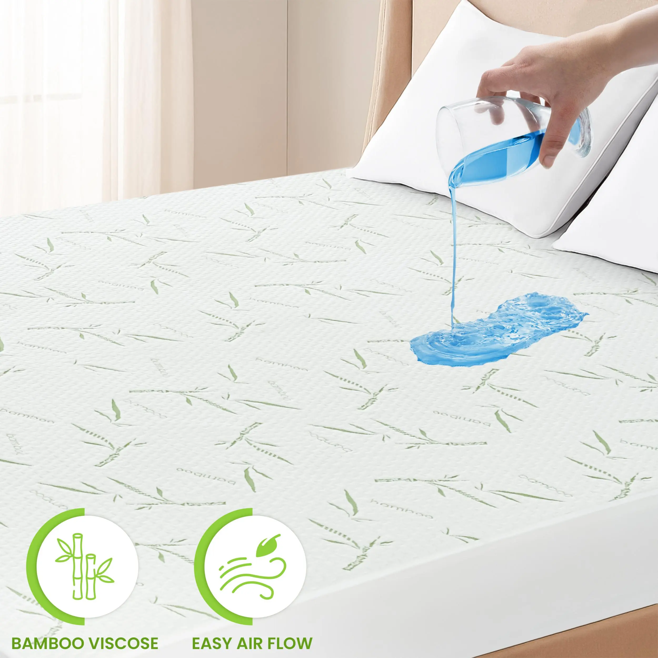 LDC LUX DECOR COLLECTION Bamboo Fabric Quilted Mattress Protector - Waterproof Mattress Pad, Skin-Friendly Cool, Breathable, Noiseless, Elastic Fitted with 16” Deep Pocket, Durable Easy-Care Bedding Protection Natural Fiber Topper