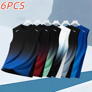 Pack of 6 men’s gradient ice silk quick-dry sports tank tops for summer, breathable mesh fabric, crew neck sleeveless design, reflective stripe accents at the shoulders—versatile tops for running, fitness, and everyday casual wear.