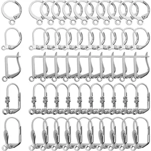 50pcs Silver Hypoallergenic French Earring Hooks Brass Lever Back Earring French Hook Ear Wire with Open Loop for Earring Designs Jewelry Making Supplies, 5 Styles