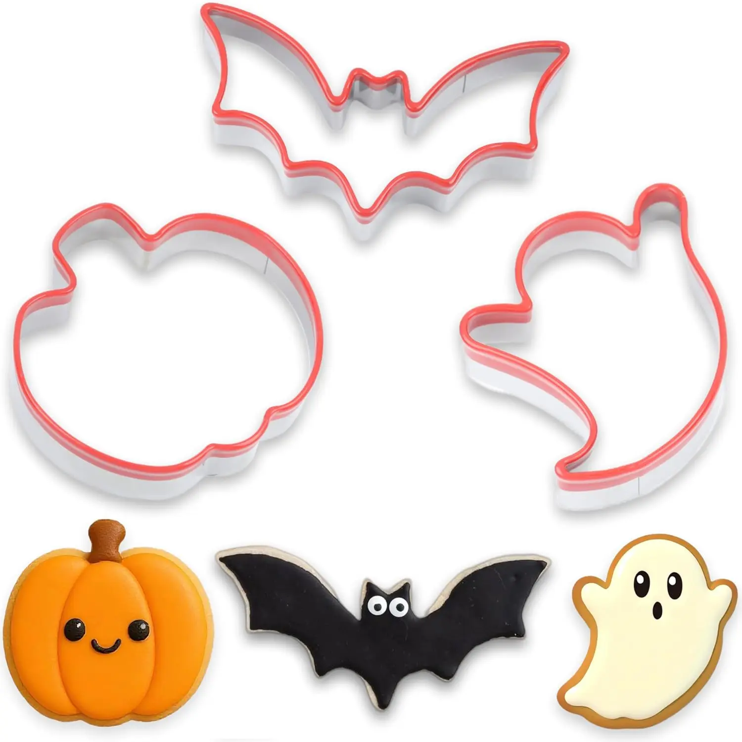 3 Pcs Halloween Cookie Cutters - Pumpkin, Ghost and Bat, Food-Grade Stainless Steel Sandwich Cutters, Biscuit Cutter, Holiday Cookie Cutters, Unique Design with Protective Red Top PVC