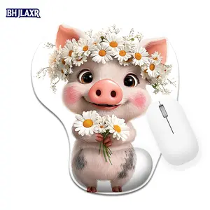 Cute Cartoon Pig with Light Pink Fur & Gray Spots Wrist Rest Mouse Pad 8.98x7.56in Ergonomic Office Home Computer Accessory, Perfect Gift for Pig Lovers