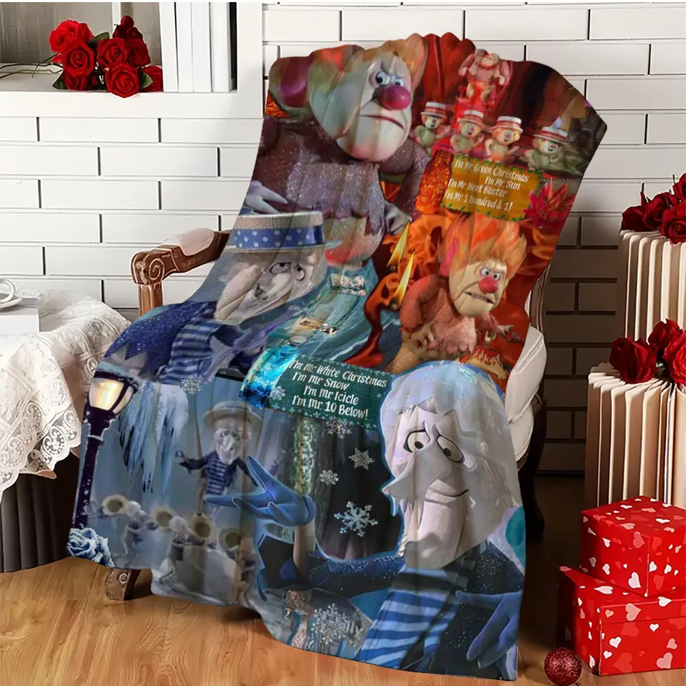 1pc Retro Christmas Print Heat Miser & Snow Miser A Christmas Clash Luxurious Plush Blanket - 280GSM Ultra Soft Cozy Warm Durable All Season Throw, Wrinkle-Resistant, Fade-Resistant, Ideal for Couch/Bed, Holiday Gift for Family Lovers