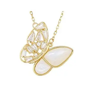 JTV White Cubic Zirconia And Mother Of Pearl 14k Yellow Gold Over Silver Butterfly Necklace 0.74ctw