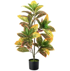 3 Foot Indoor Outdoor Artificial Croton Palm Tree Bush UV Rated Potted Plant Lifelike Decorative Tropical Flower Fruit Gift