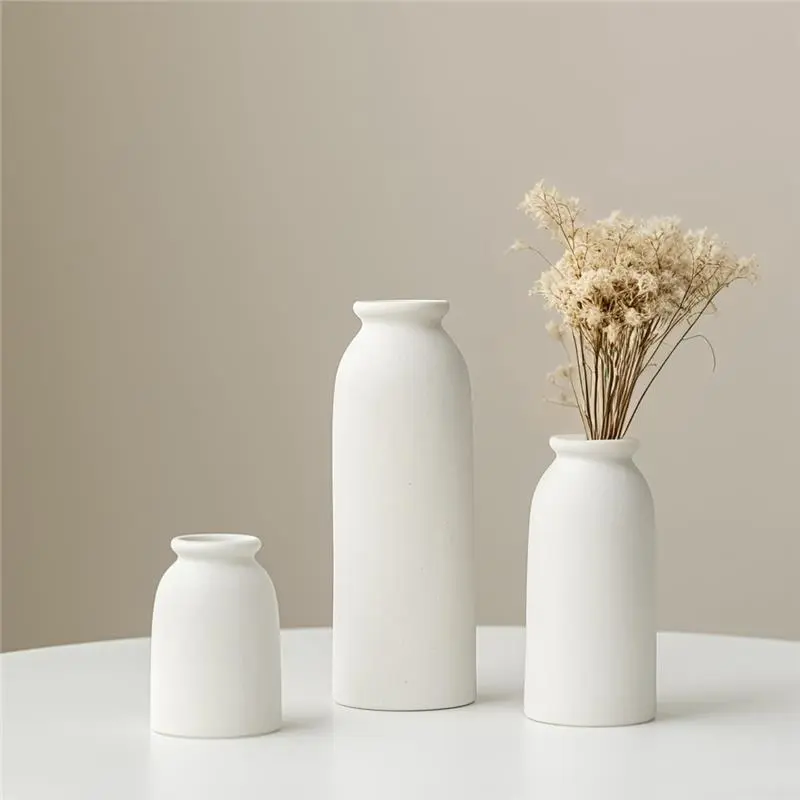 Ceramic Vase Set-3, Small Flower Vases for Decor, Modern Boho Farmhouse Style, Decorative Shelf Vases for Pampas Grass & Dried Flowers, Distressed Finish (White)