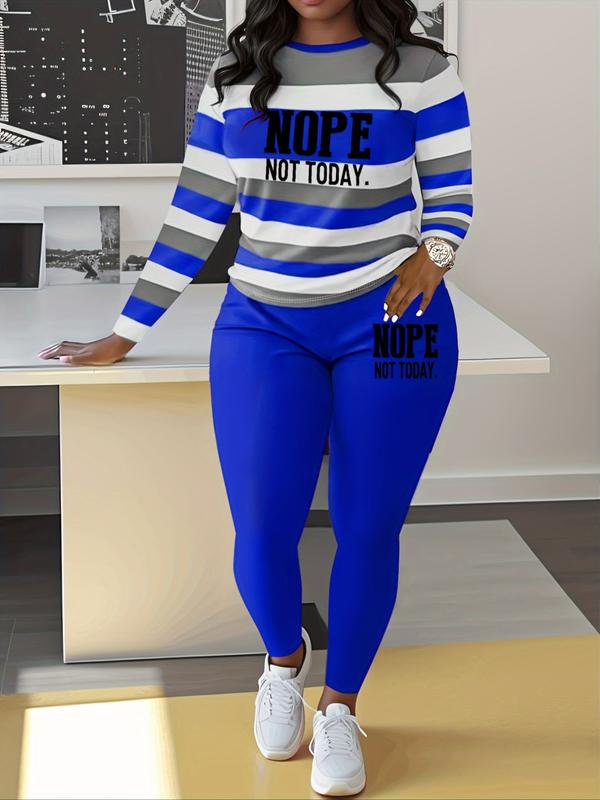 Two-piece Set Women's Striped and Letter Print Tee & Elastic Waist Pants, Casual Long Sleeve Top & Trousers for Spring & Fall, Women's Clothes for Daily Wear, Casual Outfits Women