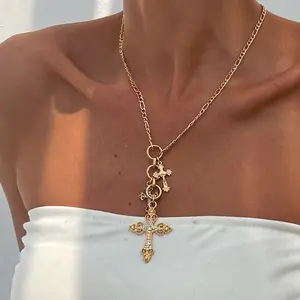 Gold Cross Necklace for Women,Crucifix Pendant Figaro Chain Necklaces Faith Based Statement Necklace,Trendy Religious Jewelry Baptism Gift