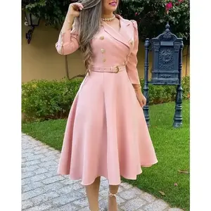 Women's Elegant Dress Spring Latest Notched Collar Puff Sleeve Double Breasted Belted Button Blazer Midi Dress Long Skirt