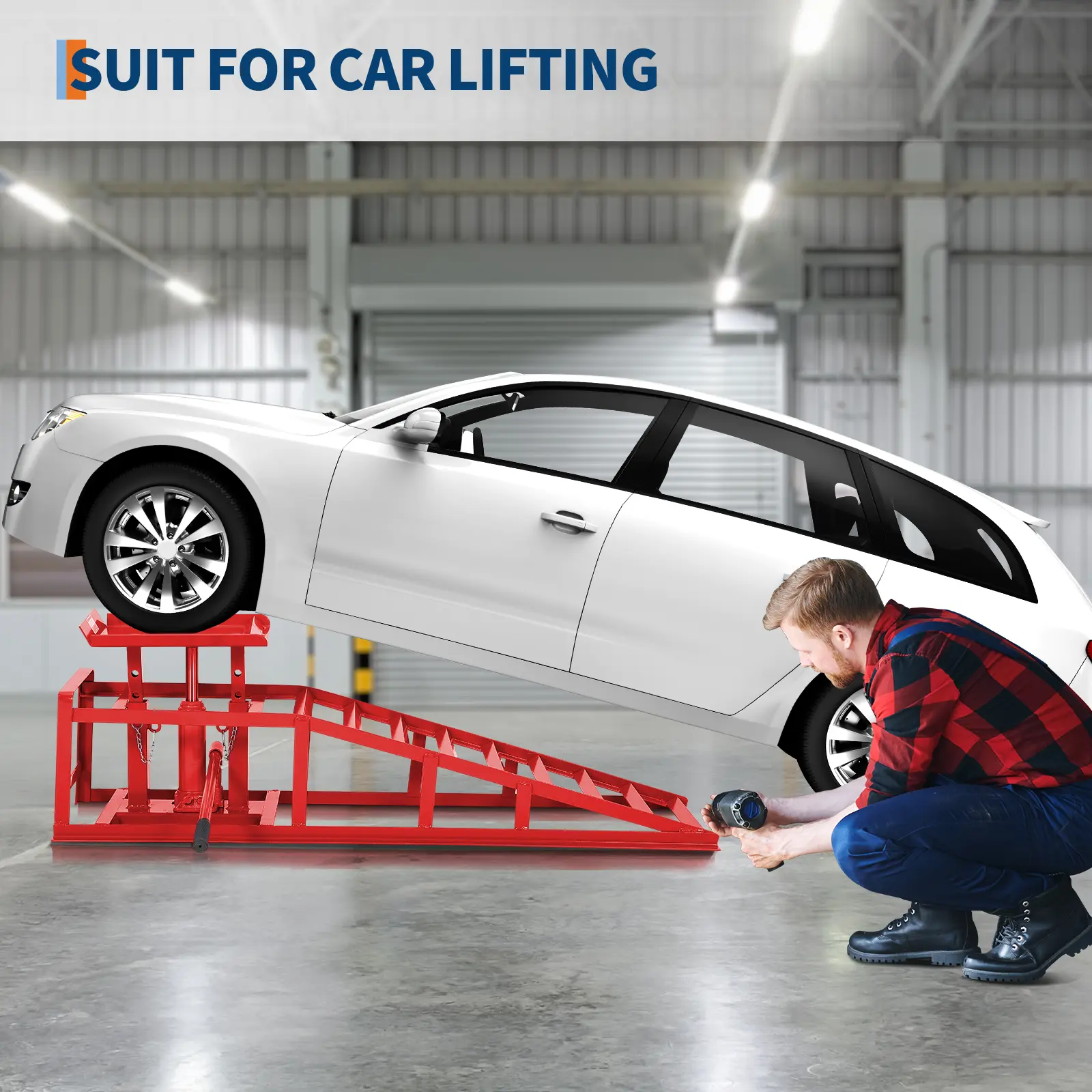 Garvee 2PCS 5-Ton Hydraulic Car Ramps - Heavy Duty Adjustable Vehicle Lift Ramps 9.4"-13.3" Height, Low Profile Design with Anti-Slip Surface for Oil Changes, Garage Repairs, Cars, SUVs