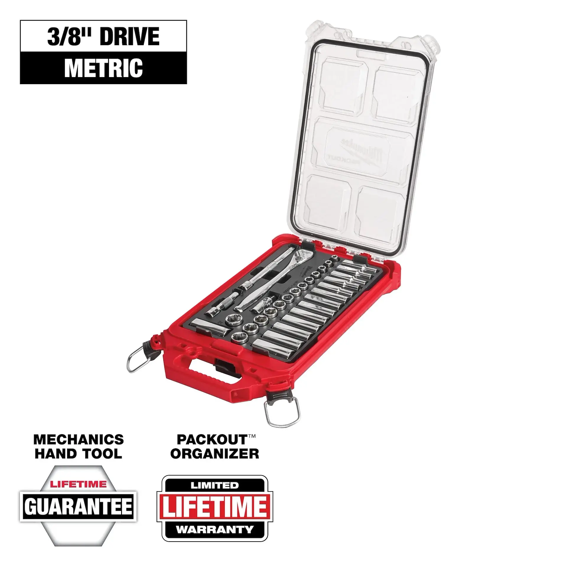 Milwaukee 48-22-9482 32-Piece 3/8 in. Metric Drive Hand Tools Set - 3/8 in. Drive Ratchet & Socket Kit, 90-Tooth Ratchet, 4° Arc Swing Sockets, 4 Flat Sides, Latch, Impact-Resistant Organizer for Mechanics in Tight Spots