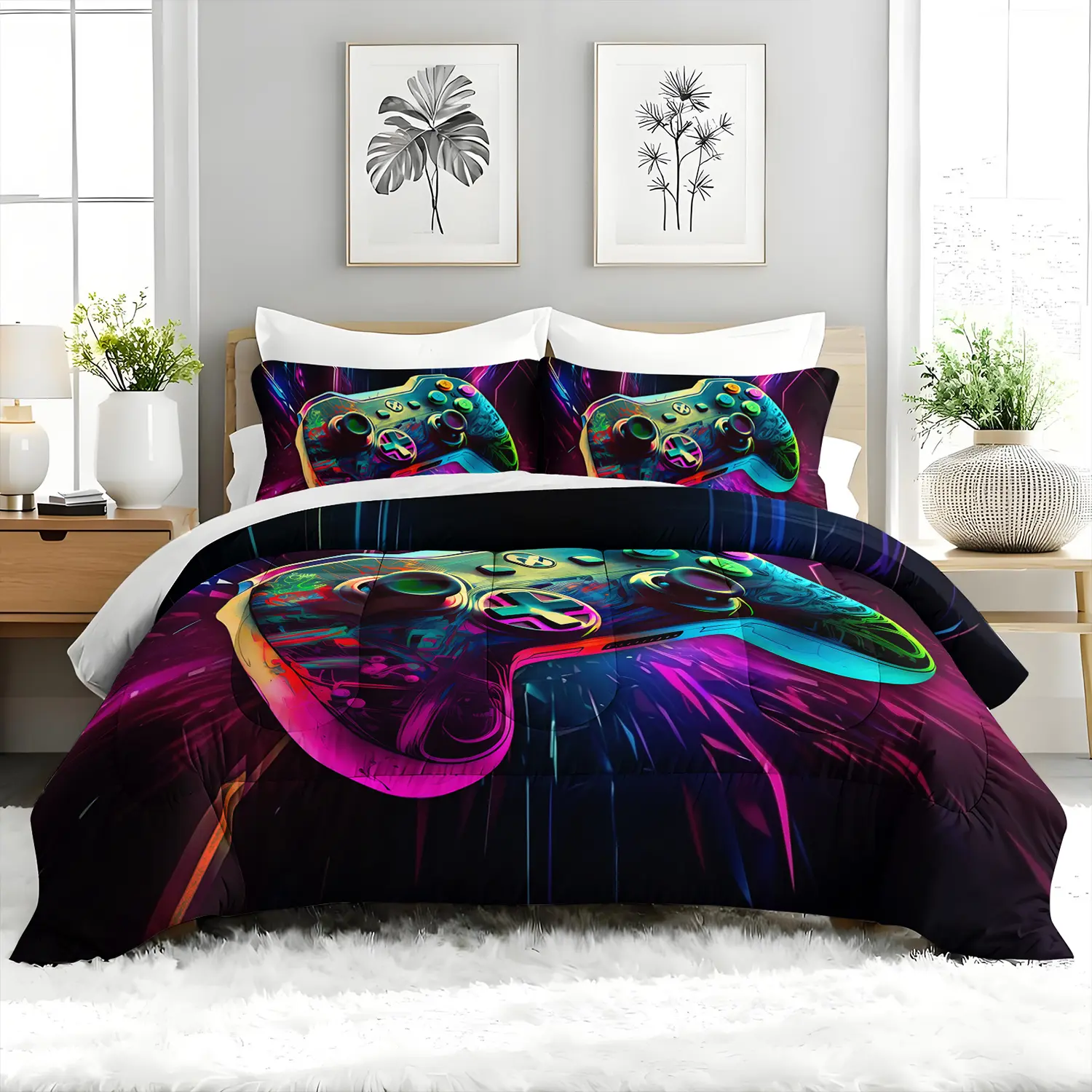 3pcs Neon Video Game E-Sports Controller Queen Comforter Set - Breathable Smooth Microfibre Quilt Bedding Set, Lightweight Warm Soft, 2 Pillowcases, Vibrant Themed, All Seasons, Machine Washable, for Boys Adults' Bedrooms, Gaming, Neon Game Controller