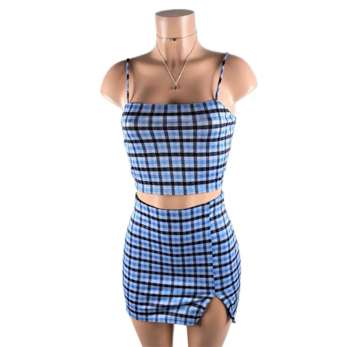 Spencer Skirt Set - Women's Plaid High Waisted Overalls Crop top rave outfits 2piece suit Slit casual two-piece