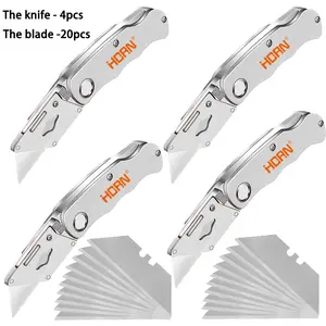 Four Multifunctional Folding Pocket Knives, Electrician Utility Knives (20 Blades Included) - Paper Cutter, DIY Tools, Stainless/High-Carbon Steel. For woodworking, camping, wallpaper cutting, portable hand tools.