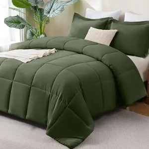 King Comforter Set - 270GSM Olive Green Bedding Sets for All Size, 3 Pieces Box Stitched Bed Set with 1 Down Alternative Comforter and 2 Pillow Shams, Soft, Lightweight,