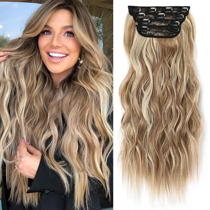 Sohochic AISI HAIR Synthetic Clip Hairpieces, 4PCS 20in Heat Resistant Colored Thick Deep Wave Extensions for Women, Synthetic Clip Hairpiece