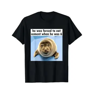 Humorous Mens Cartoon Seal Meme TShirt Featuring Cement Theme and Playful Design