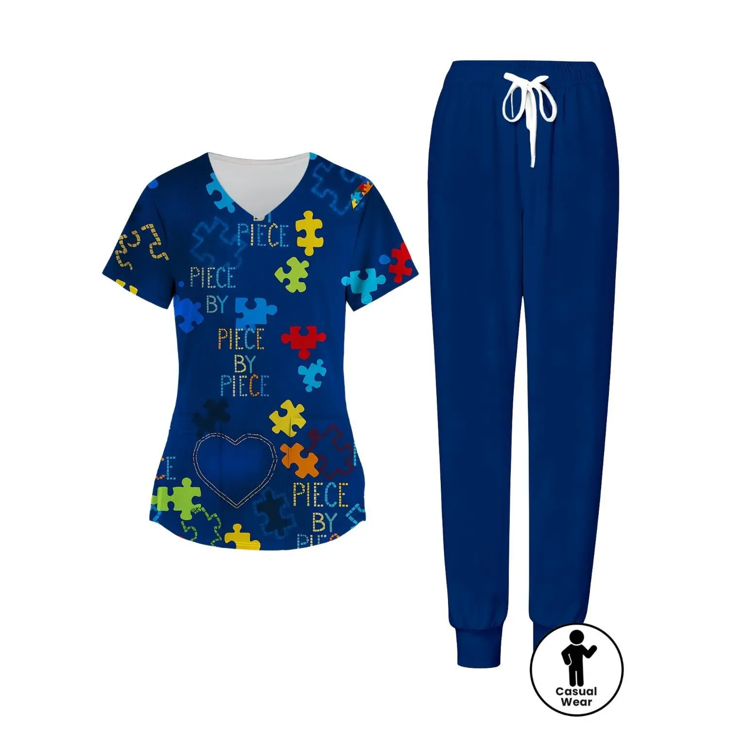 V-Neck Short-Sleeved Top Paired with Ankle-Tied Pants, Featuring a Deep Blue Puzzle Pattern And The Text "Piece by Piece" in Full-Print Design, Making Up a Cozy, Casual, And Home Care Worker Uniform Set Consisting of Two Pieces