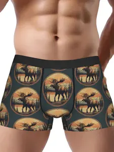 BIIHUDU Men'S Moose Print Boxer Briefs - Stretchy Polyester Underwear with Elk & Forest Design, Comfort Fit for Casual Attire