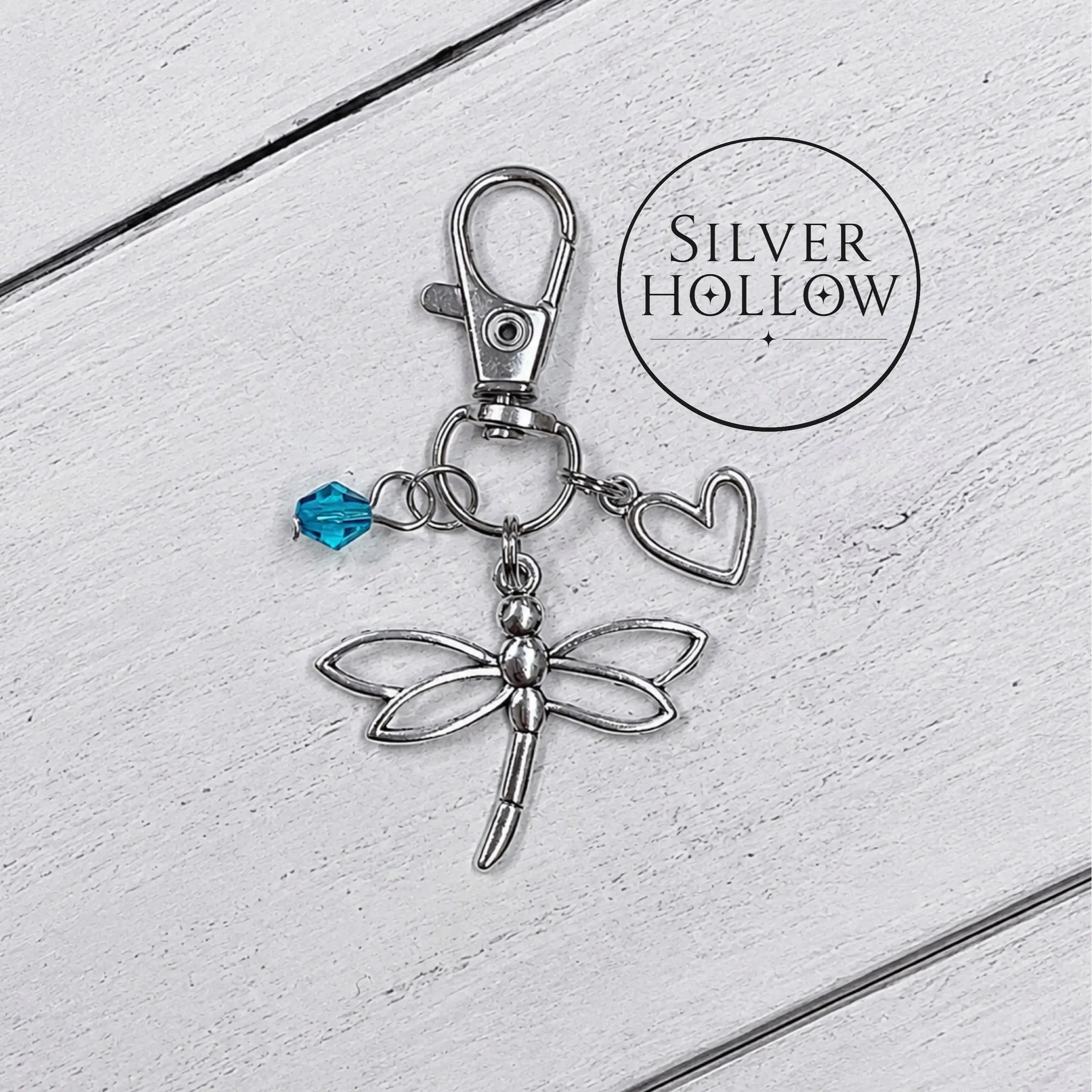 Customized dragonfly, heart and crystal keychain