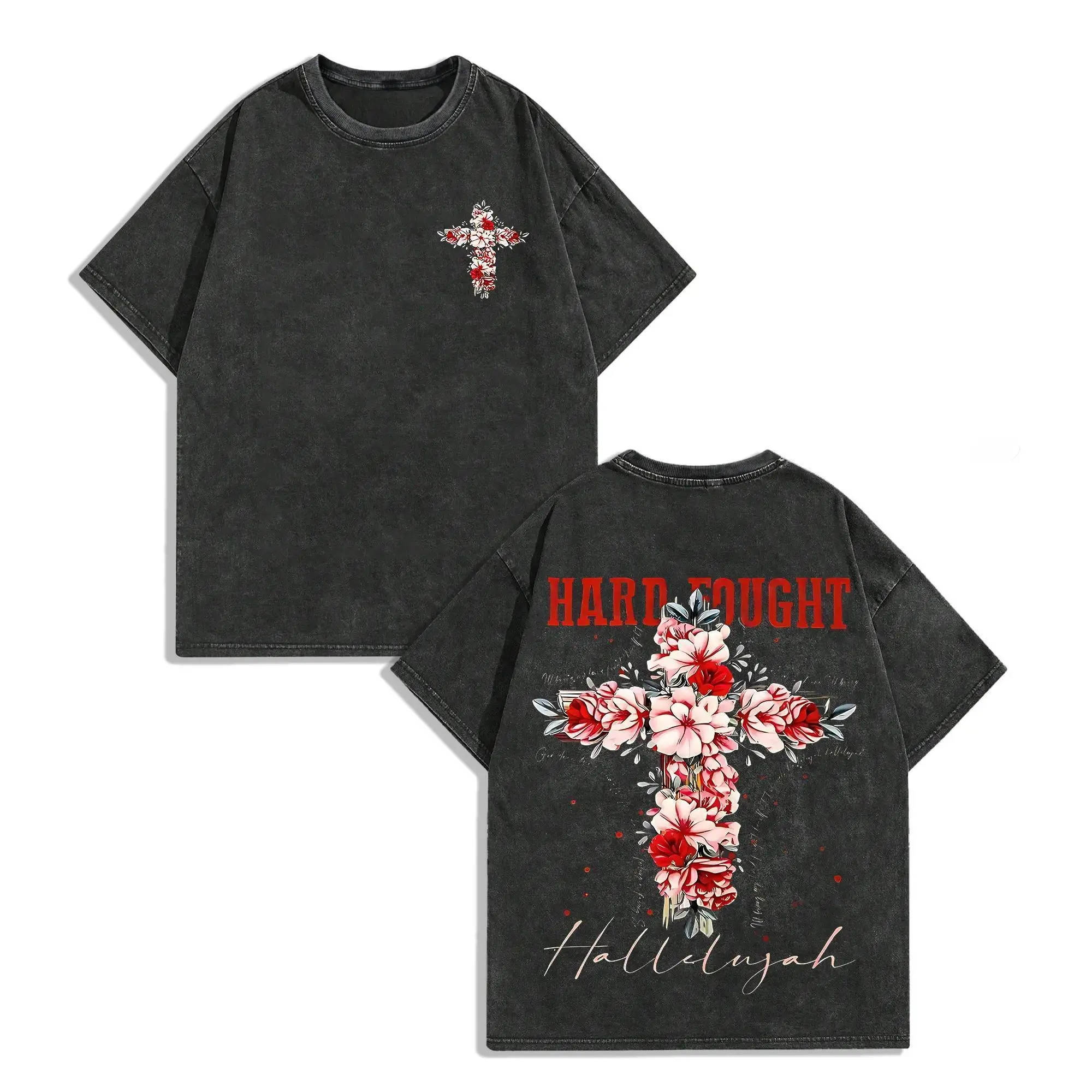 Hard Fight Harry Hallelujah Men'S Retro Street Pattern T-Shirt | 230g Washed Double-Sided Floral Cross with 'HARD TOUGH' Print, Drop Shoulder Loose Fit Short Sleeve Round Neck Summer Casual Top, Machine Washabl