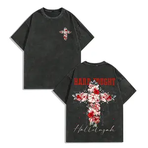 Hard Fight Harry Hallelujah Men'S Retro Street Pattern T-Shirt | 230g Washed Double-Sided Floral Cross with 'HARD TOUGH' Print, Drop Shoulder Loose Fit Short Sleeve Round Neck Summer Casual Top, Machine Washabl