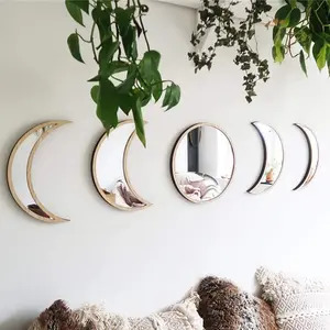 5 pcs Acrylic Moon Phase Mirror Set Wooden Frame Bohemian Wall Decor for Living Room Bedroom Home Interior Design