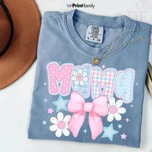 Comfort Colors Floral Mama T-shirt, Mom Spring Tee, Trendy Mom T-shirt, Women's Flower Mama T-Shirt, Pregnancy Tee, Blue Pink Bow Shirt - Printfamily