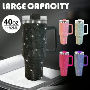 40oz Stainless Steel Diamond Shiny Insulated Travel Mug With Handle And Straw, Large Capacity Water Bottle, Outdoor Travel Cup, Holiday & Birthday Gift