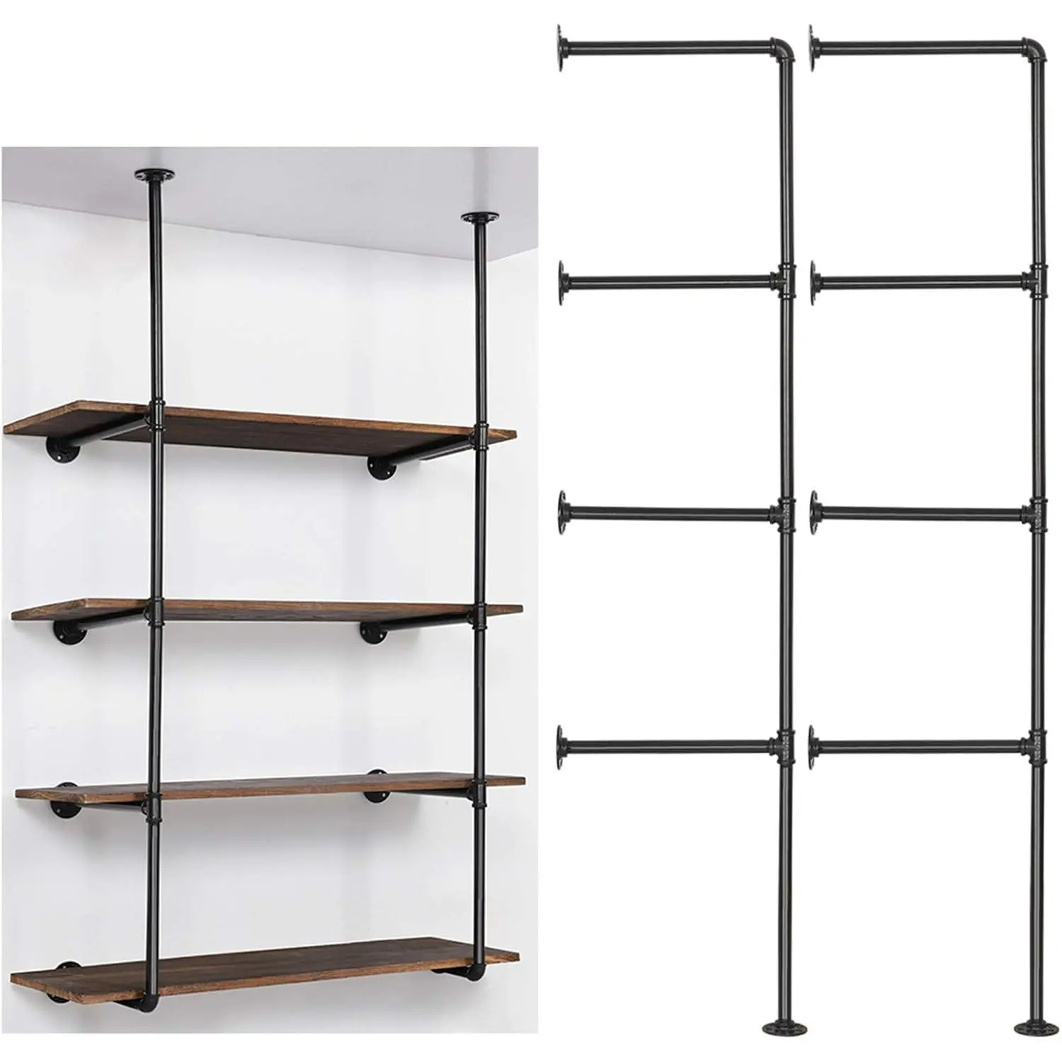 Industrial Wall Mount Iron Pipe Shelf, DIY Open Bookshelf, Retro Storage Shelves Pipe Shelving Hung Bracket (4 Tier X2, Black)