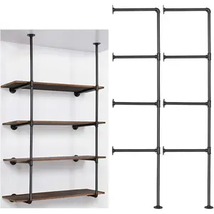 Industrial Wall Mount Iron Pipe Shelf, DIY Open Bookshelf, Retro Storage Shelves Pipe Shelving Hung Bracket (4 Tier X2, Black)