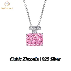 925 Sterling Silver Square Pink Cubic Zirconia Perfume Bottle Pendant Necklace—Versatile Gift for Dates, Birthdays, and Valentine’s Day, Suitable for Any Occasion.