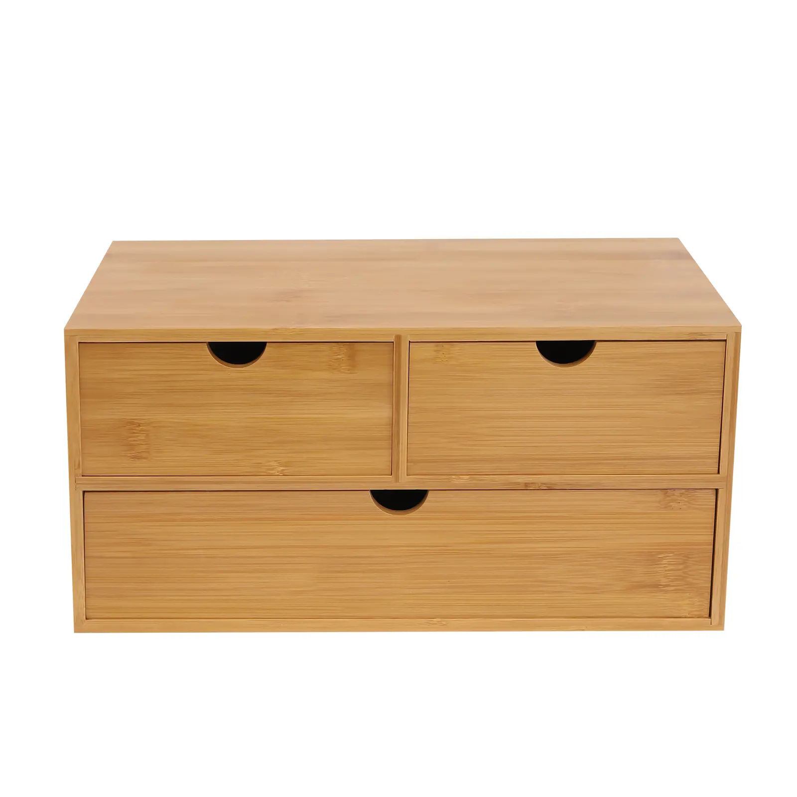 Natural bamboo desktop storage box with three drawers, no assembly required, wooden desk organizer with a top storage compartment, suitable for office supplies, cosmetics, and home grooming.