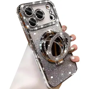 Magnetic Kickstand Glitter Case for iPhone 17 Pro Max,[Compatible with Magsafe] Cute Bling Sparkly Rhinestone with Camera Protector Makeup Mirror Women Girls Case for iPhone 17 Pro Max,Silver