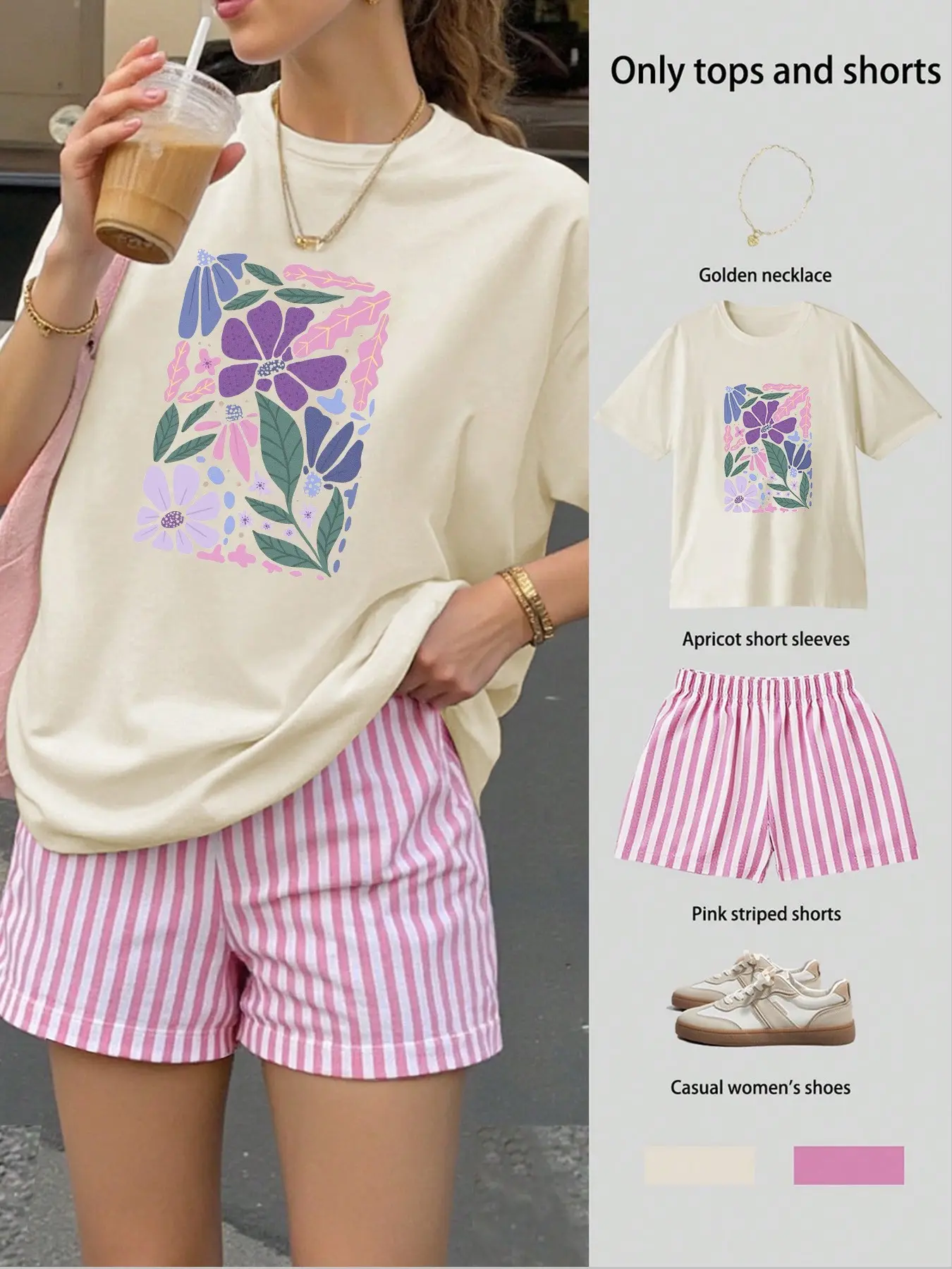 Women's Casual Floral Print Round Neck Short Sleeve T-Shirt + Striped Shorts Set, Boho Matching Set, Bright Colors, Trendy Summer, Comfortable Fit