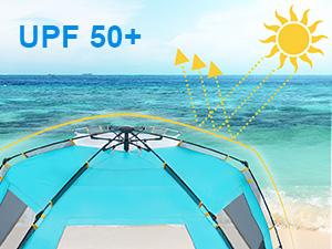 WolfWise Easy Up Beach Tent UPF 50+ Portable Instant Sun Shelter with Spring Opening System, 3 Sandbags, 4 Wind Ropes & 10 Stakes for Stability Outdoorfun,summerwins