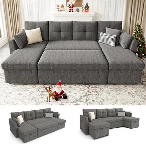 【2-3 Packages】 Oversized Sleeper Sofa Couch, 110 inch 2 in 1 Pullout Couch Bed with Double Storage Chaise, Sectional Sleeper Sofa Bed with Side Pocket for Living Room