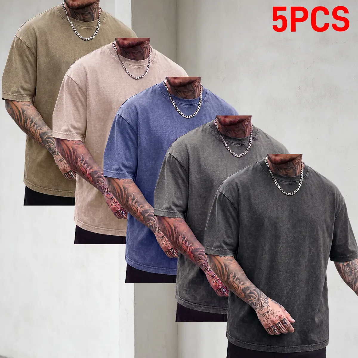 Men's 5PCS Oversized Vintage Acid-Wash Cotton Round Neck Short-Sleeve Tees - Loose-Fitting Baggy Plus-Size Unisex Soft Casual Streetwear Menswear Fashion Tops (Black, Gray, Blue, Apricot, Khaki Plain Outfits), Acid Wash Tees, Tshirt