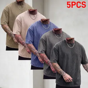 Menswear 5PCS Oversized Vintage Acid-Wash Cotton T-Shirts, Baggy Loose-Fit Plus-Size Plain Crew Neck Unisex Soft Casual Streetwear Tops