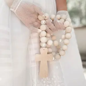 Wooden Bead Cross Decorative Hanging, 1 Count Rustic Style Wedding Table Decoration, Rosary Ornament for Ceremony Reception, Religious