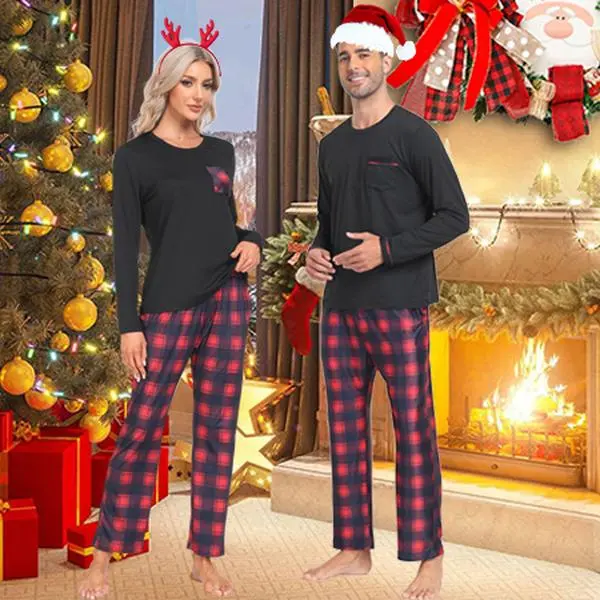 Women's & Men's 2-Piece Checked Christmas Pajama Set - Soft Longsleeves Top with Pockets, Crew Neck Loungewear, Hang Dry Sleepwear, Round Neck, Two Piece