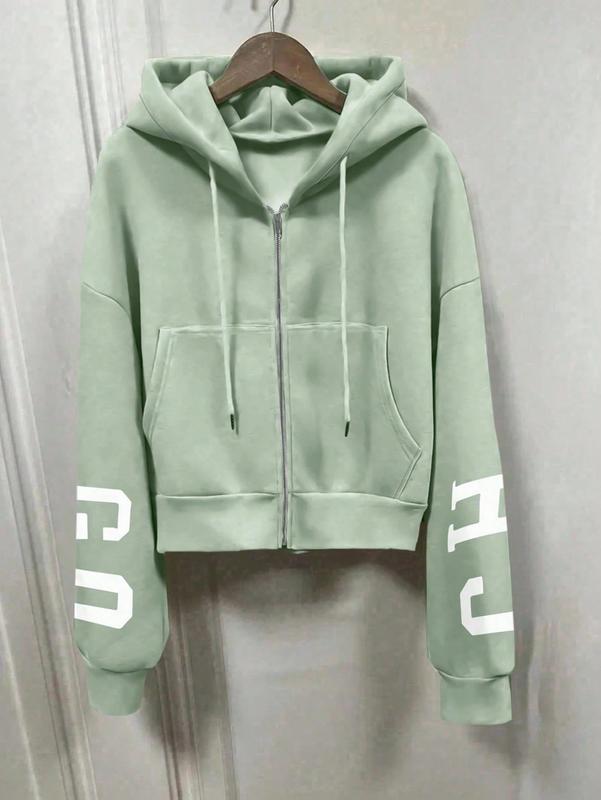 Women's Mint Green Zip Up Hoodie Loose Fit Cropped Letter Print Hooded Jacket With Front Pockets Soft Thermal Lining Casual Sweatshirt for Autumn Winter Spring