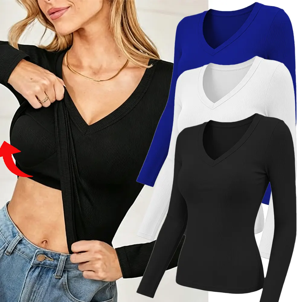3 Pack Built-in Bra Women's V Neck Ribbed Long Sleeve Top Stretchy Fitted Basic