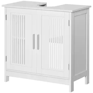 White Under Sink Pedestal Storage Bathroom Cabinet with U Shaped Cutout Fits Wall Mount or Pedestal Sink Adjustable Shelf Inside Double Doors Keeps Items Dry MDF Frame Holds 22 LBS for Towels Toiletries Small Bathroom Apartment Powder Room