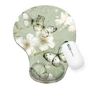 Delicate Floral Butterfly Silicone Wrist Rest Mouse Pad 8.98*7.56inch - Vintage Inspired Soft Light Green Background White Flowers & Butterflies, Ergonomic Support for Office Home Computer - Perfect Gift for Nature Lovers