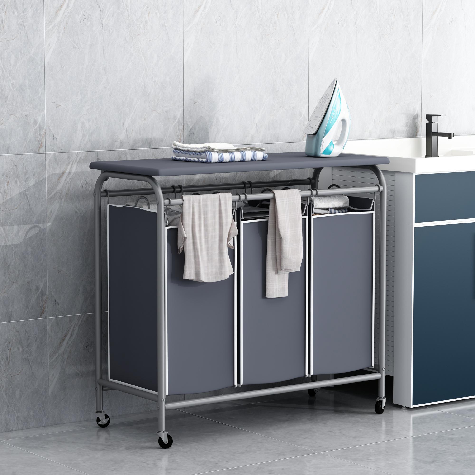 3 Bag Laundry Basket Sorter Heavy Duty Rolling Lockable Wheels Laundry Hamper Cart with Ironing Board and Removable Bags Organiser Smooth Household Cover